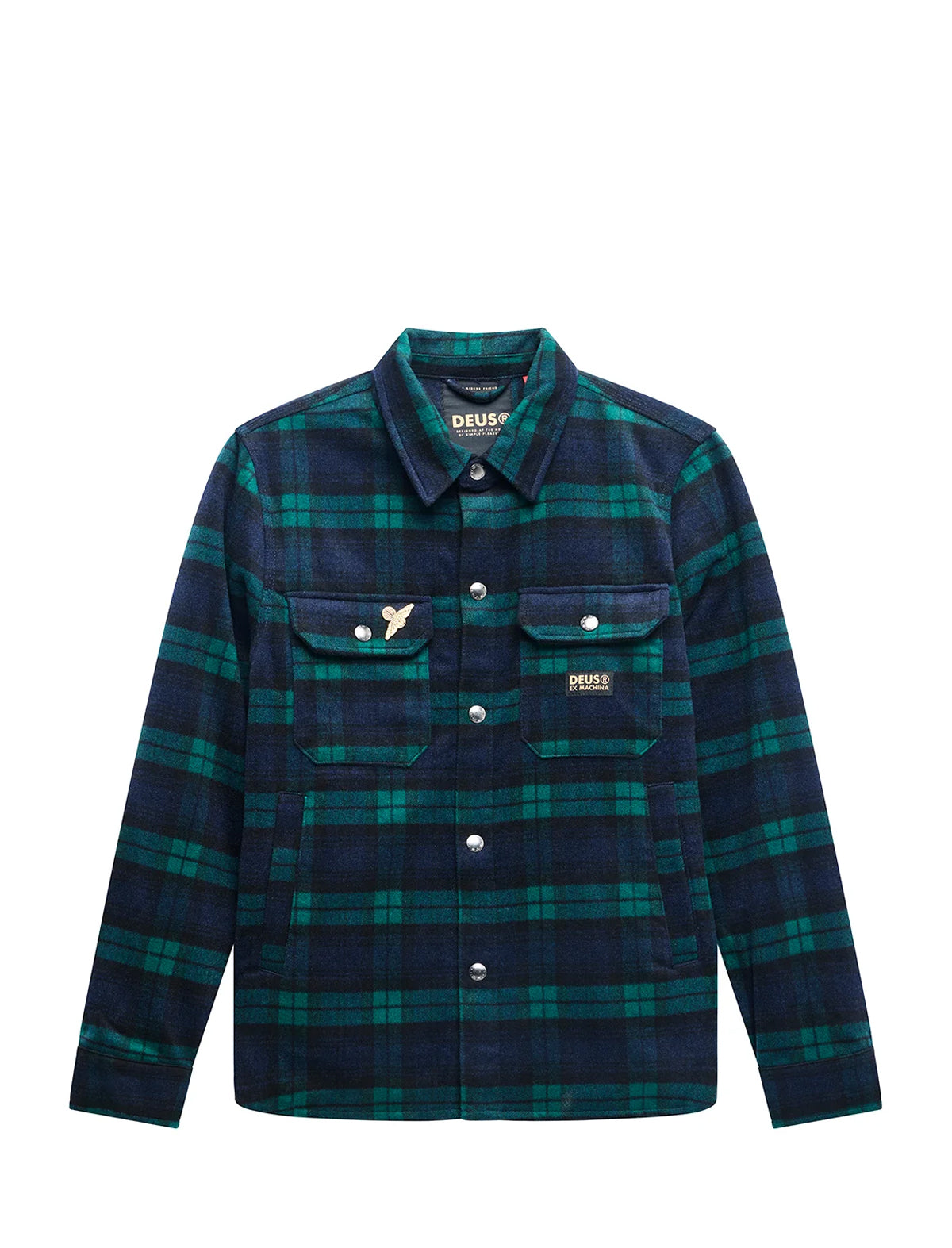 A long-sleeve plaid overshirt by DEUS EX MACHINA, featuring a navy and green tartan pattern, two buttoned chest pockets, and a small embroidered eagle logo on the left chest pocket.
