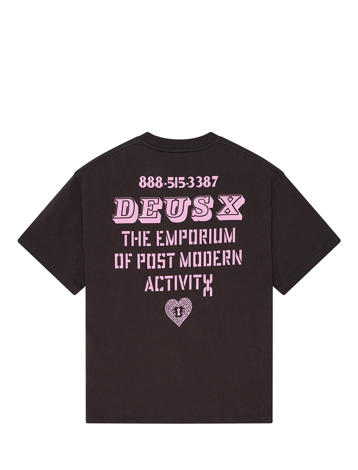 A black short-sleeve t-shirt shown from the back, featuring a pink graphic print with the text 'DEUS X THE EMPORIUM OF POST MODERN ACTIVITY' and a heart logo on a plain white background.