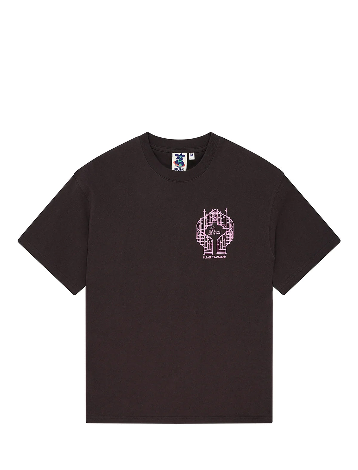A black short-sleeve t-shirt with a small pink and white graphic on the left chest, displayed flat against a solid white background.
