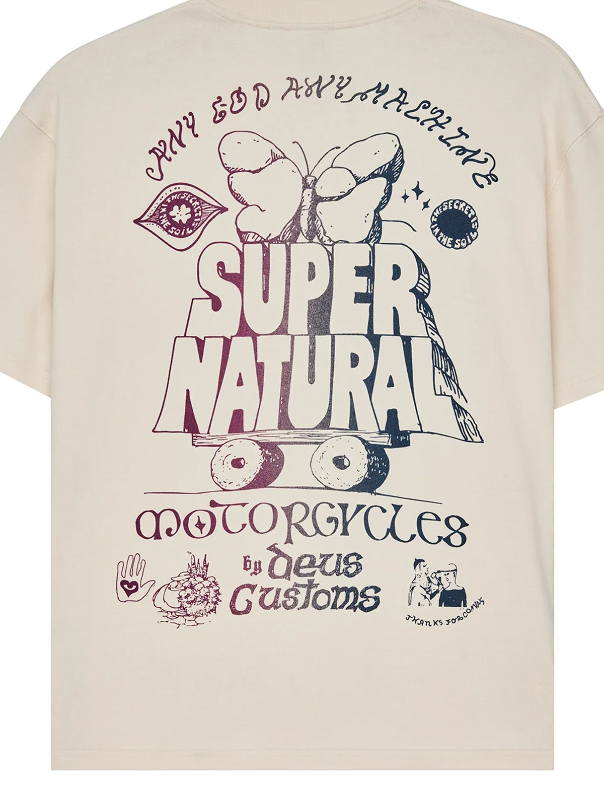 An off-white short-sleeve t-shirt showing the back graphic print. The design features a large butterfly on a skateboard with the words 'SUPER NATURAL' in bold, accompanied by psychedelic illustrations and text including 'ANY GOD ANY MACHINE' and 'motorcycles by Deus Customs'.