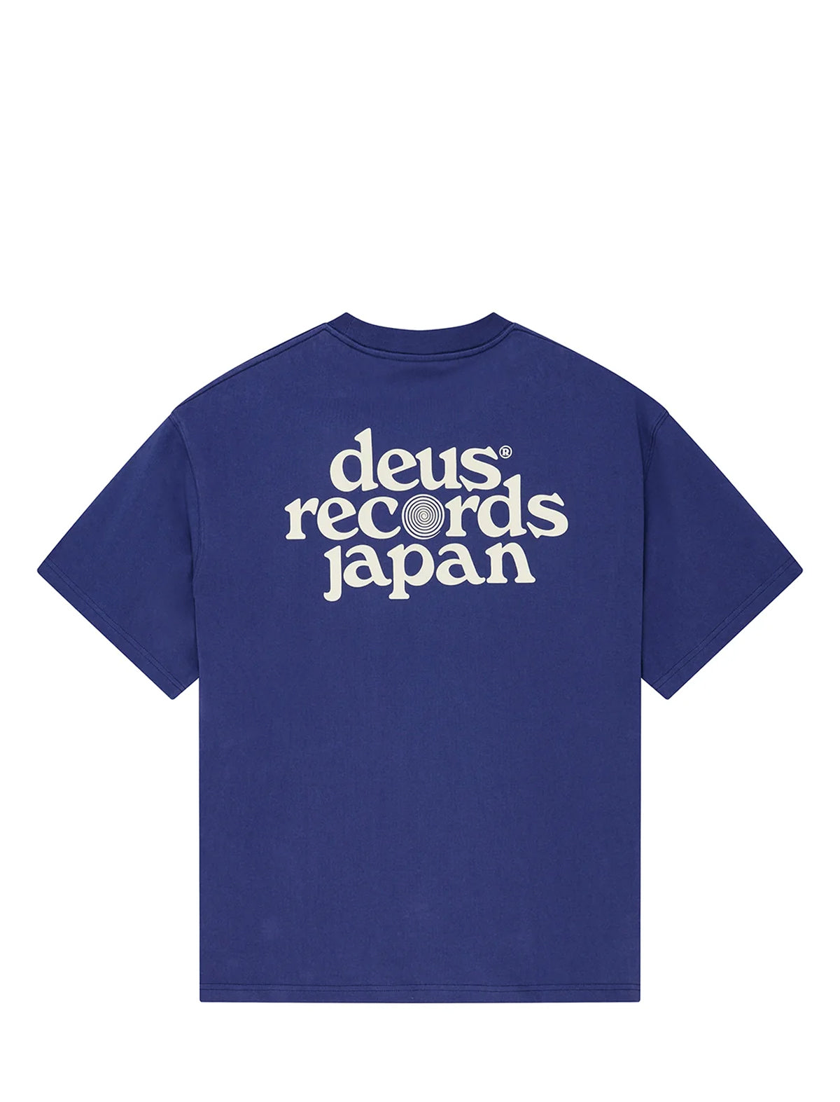 A royal blue short-sleeve t-shirt with 'deus records japan' printed in white across the chest, shown against a plain white background.