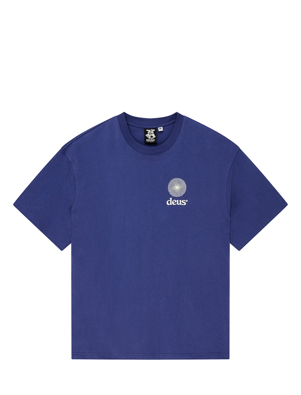 A royal blue short-sleeve crewneck t-shirt with a small white circular logo and the brand name 'deus' printed on the left chest, displayed flat against a solid white background.