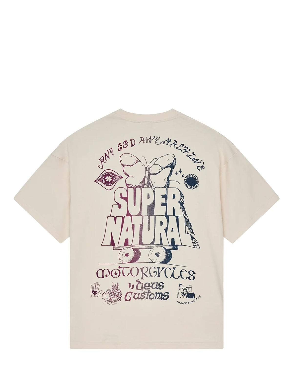 An off-white short-sleeve t-shirt shown from the back, featuring a large graphic print with a butterfly, a snake, and text including 'SUPER NATURAL' and 'MOTORCYCLES by Deus Customs'.