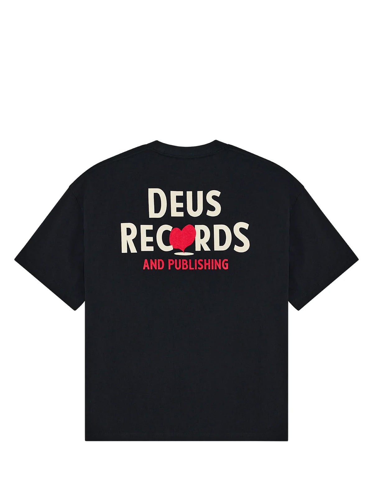 A black short-sleeve t-shirt shown from the back, featuring a graphic print that reads 'DEUS RECORDS' in cream with a red heart logo, and 'AND PUBLISHING' in red below.