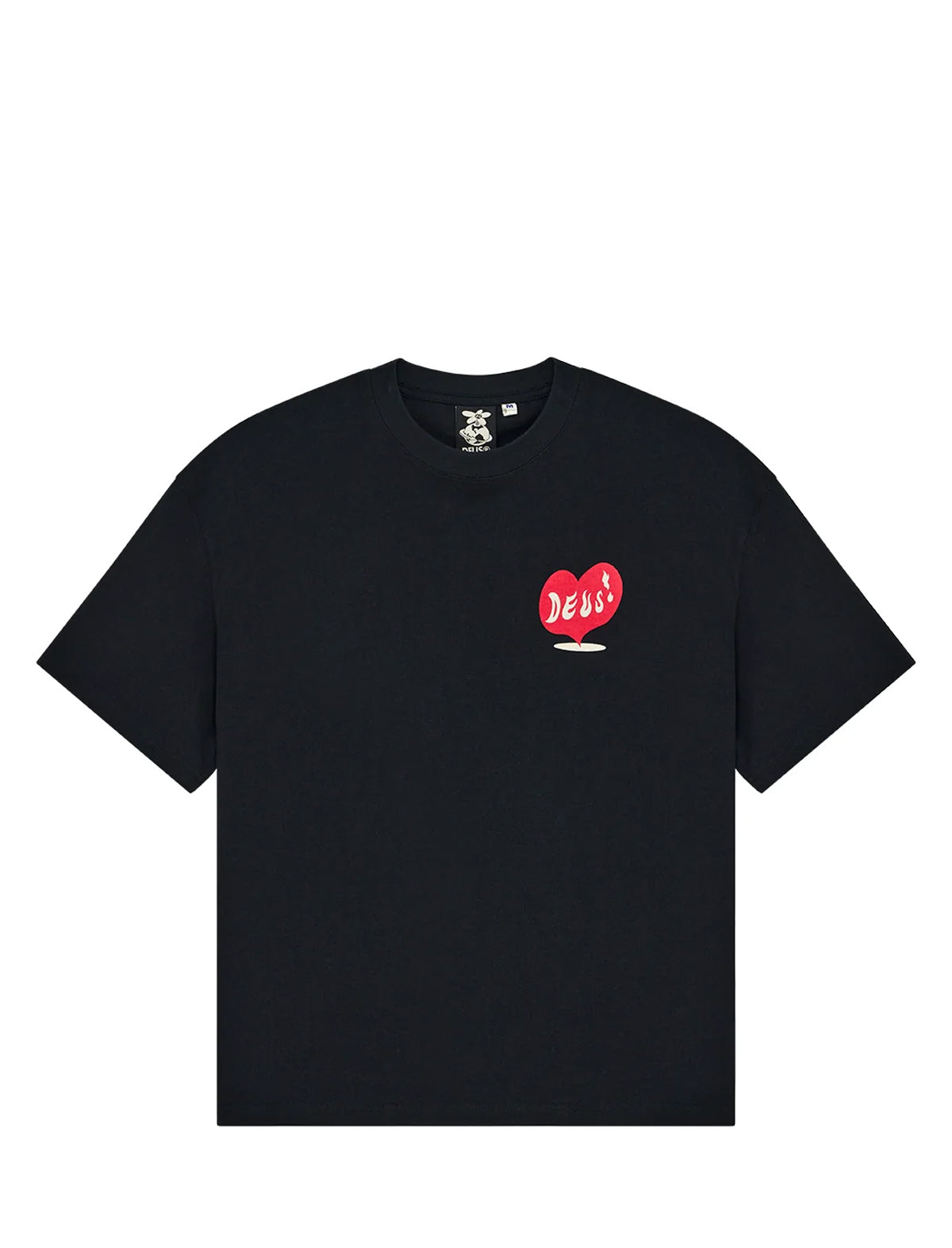 A black short-sleeve crewneck t-shirt featuring a red heart logo on the left chest with the word 'Deus' in white script, displayed against a solid white background.