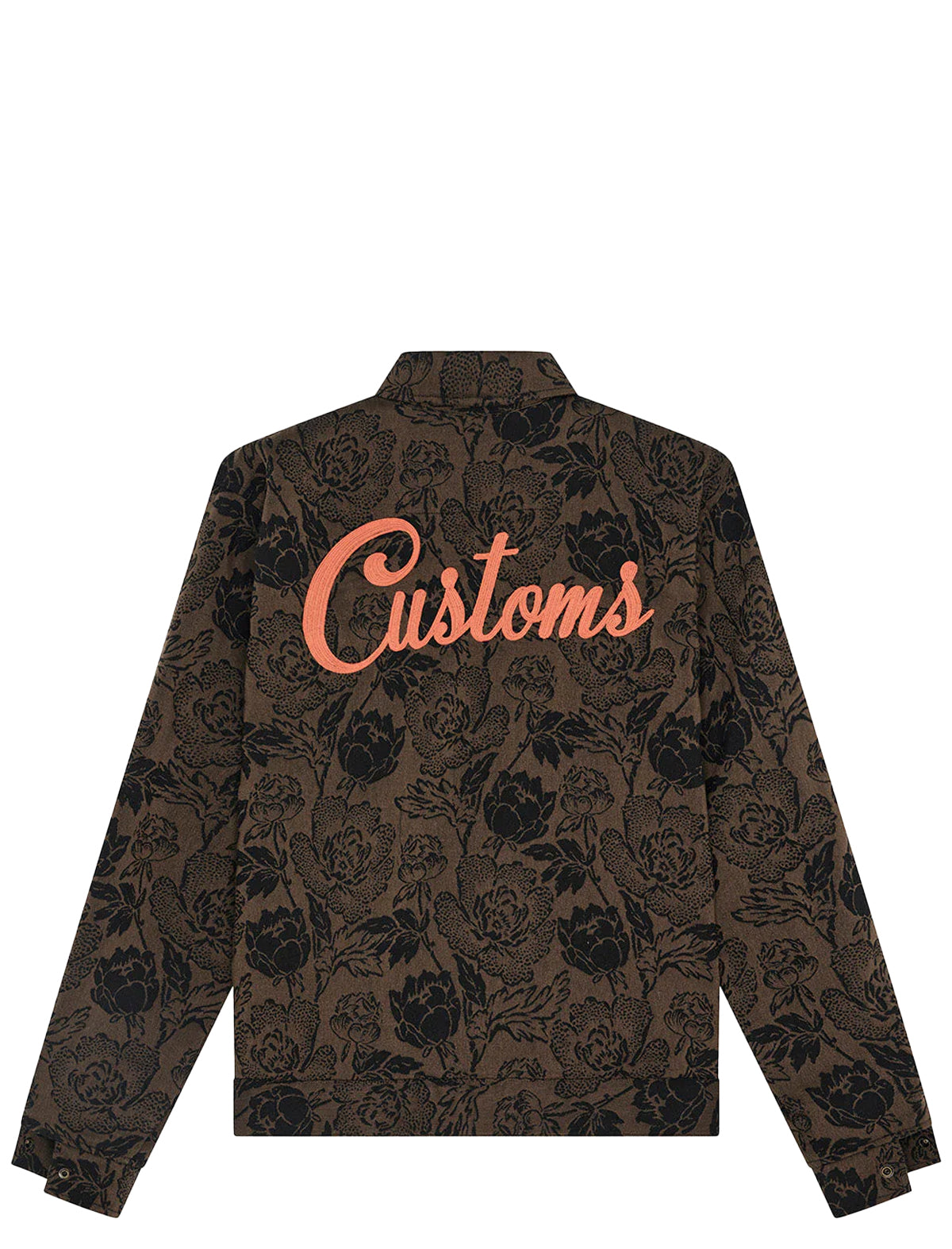Floral patterned jacket with 'Customs' text on a white background