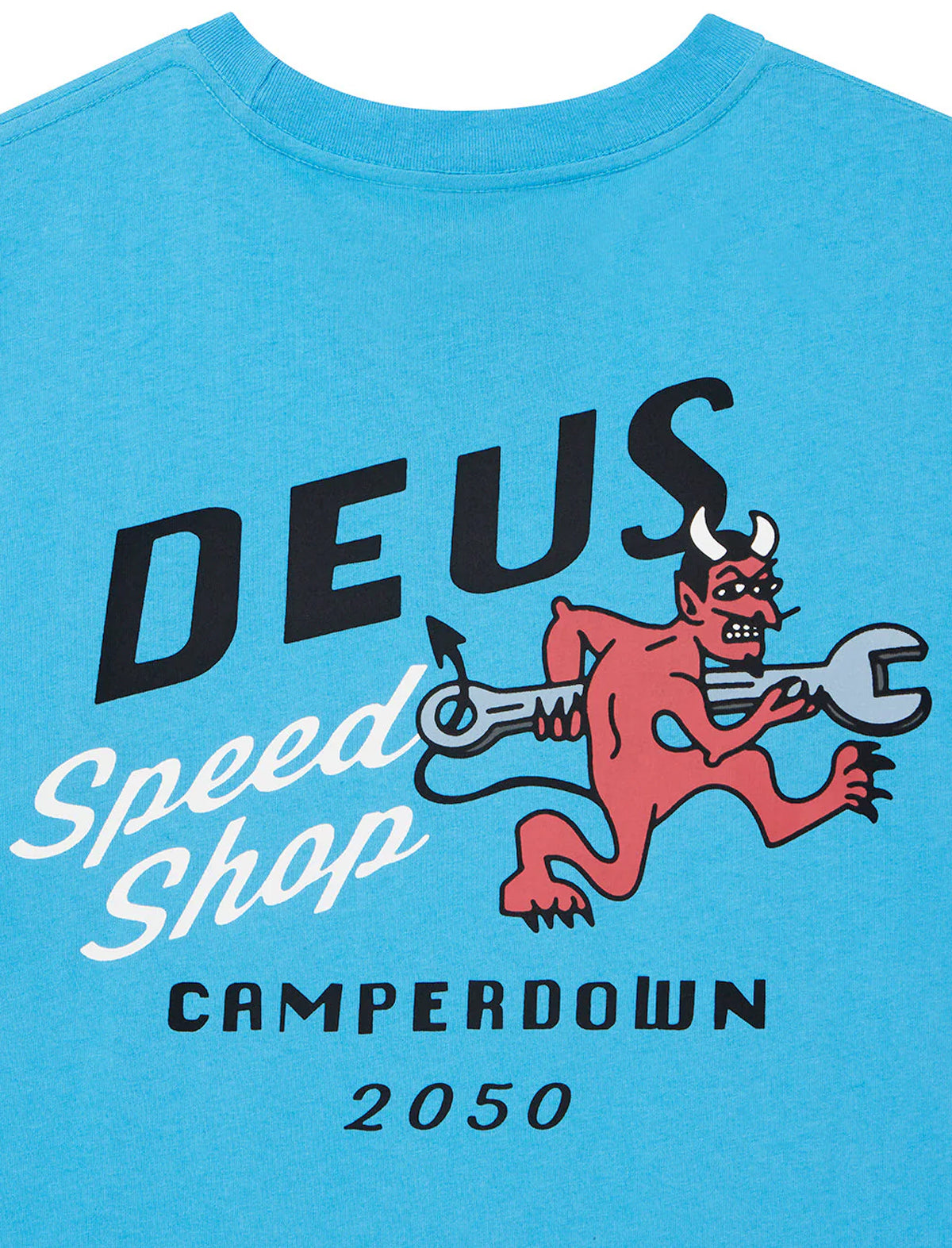 Blue t-shirt with 'Deus Speed Shop Camperdown 2050' graphic design on a blue background