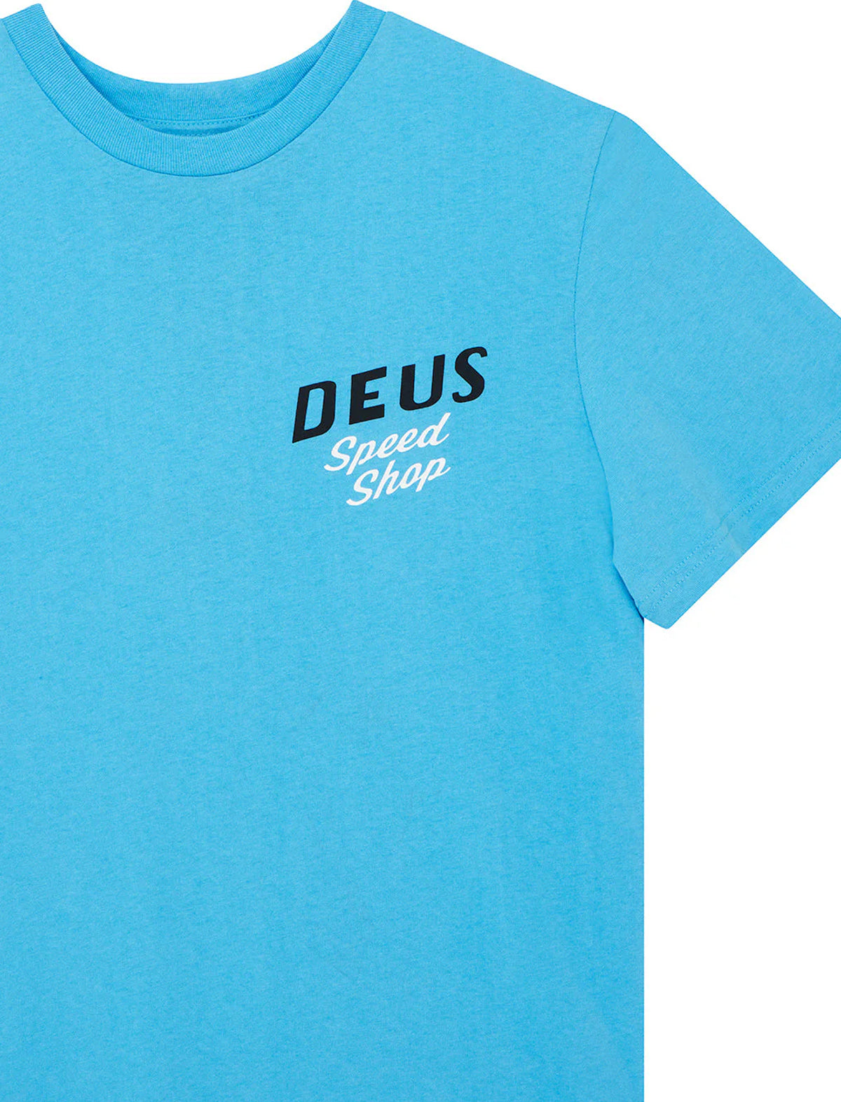 Blue t-shirt with 'DEUS Speed Shop' text on a white background