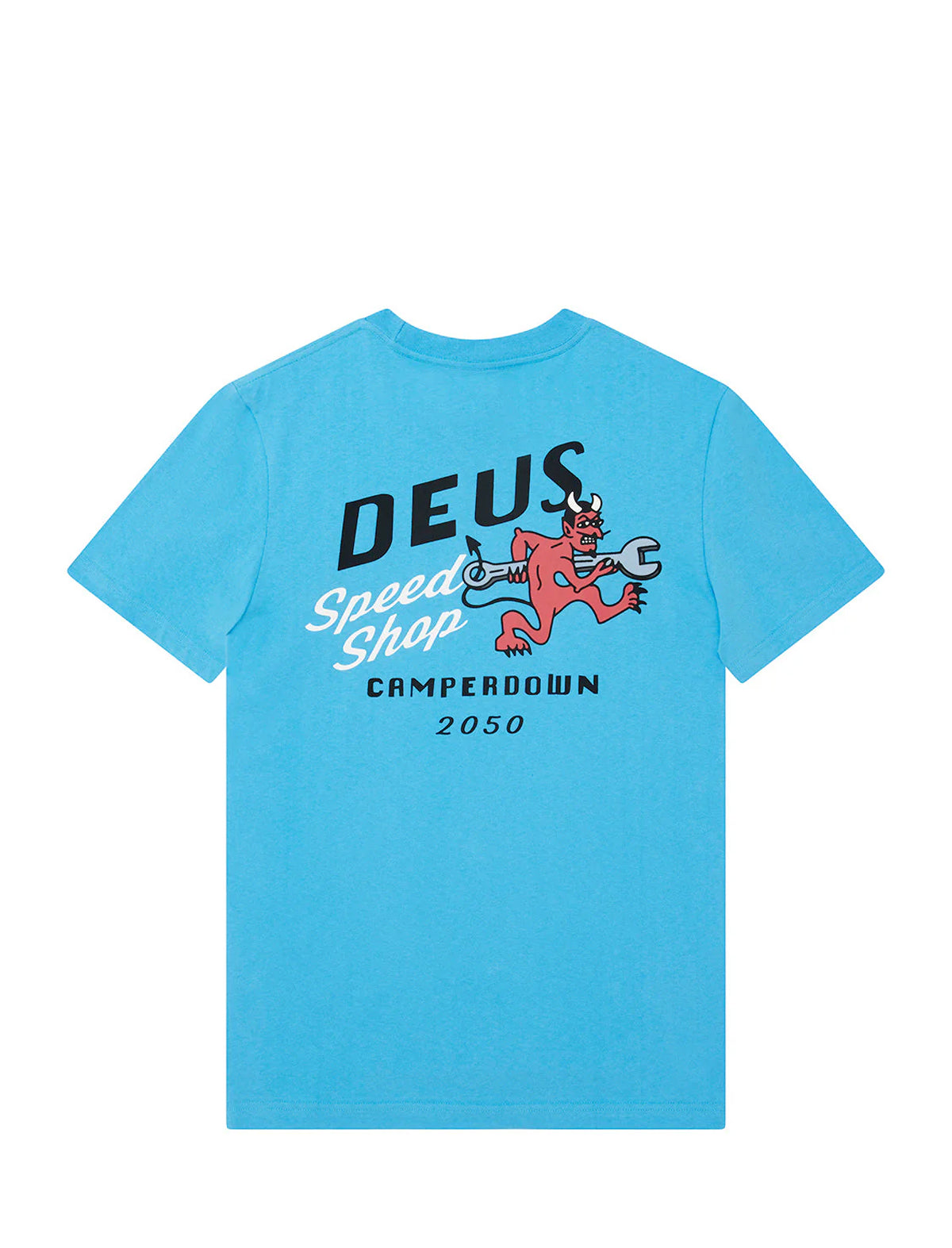 Blue t-shirt with 'Deus Speed Shop' graphic on a white background