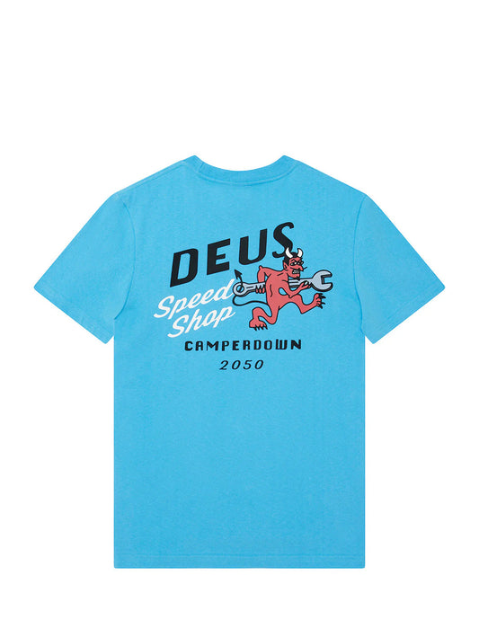 Blue t-shirt with 'Deus Speed Shop' graphic on a white background