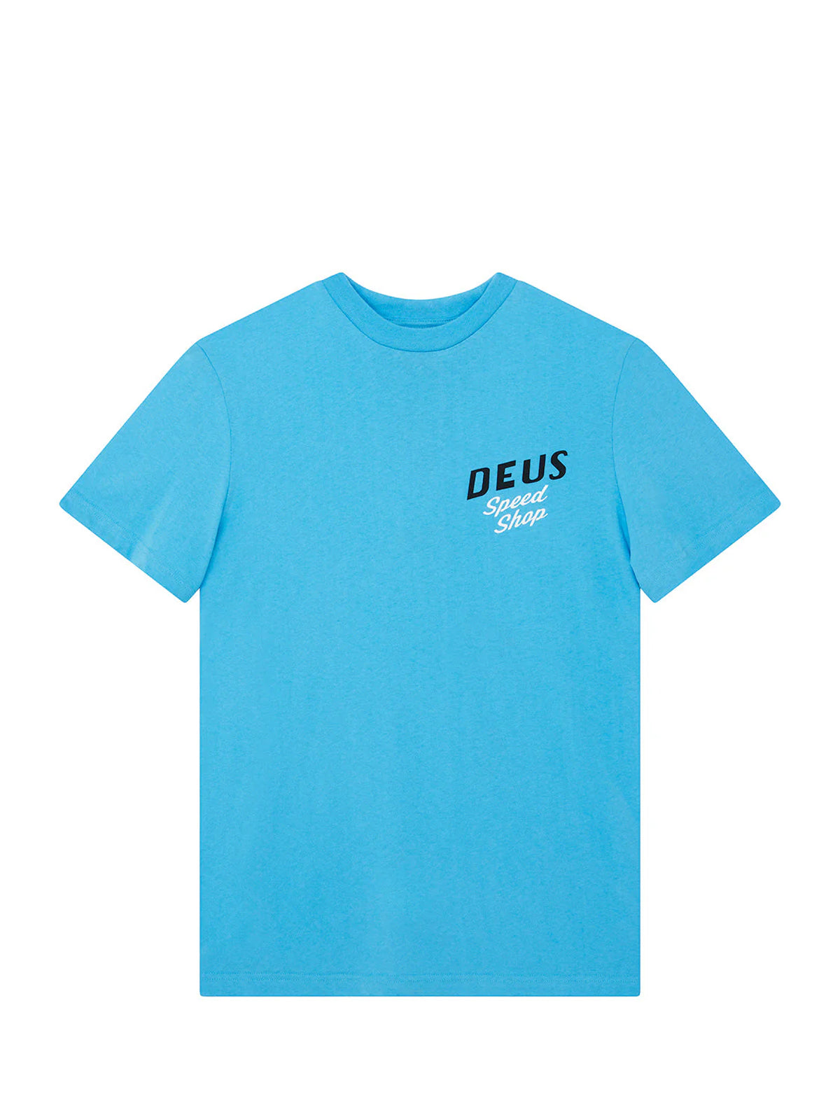 Blue t-shirt with 'DEUS' logo on a white background