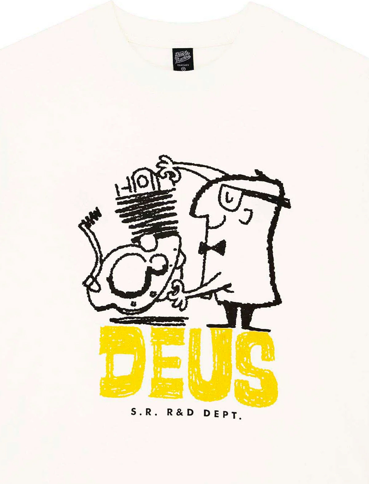 White t-shirt with black and yellow graphic design featuring a character holding a engine and 'DEUS' branding.