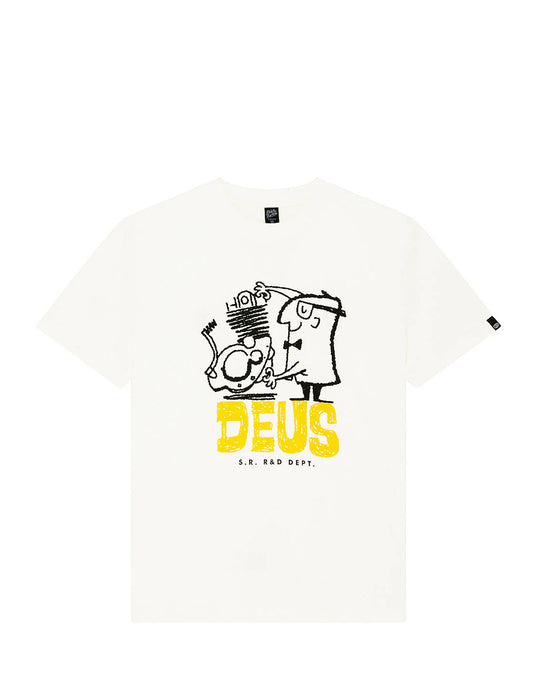 White t-shirt with a graphic design and 'DEUS' text on a white background