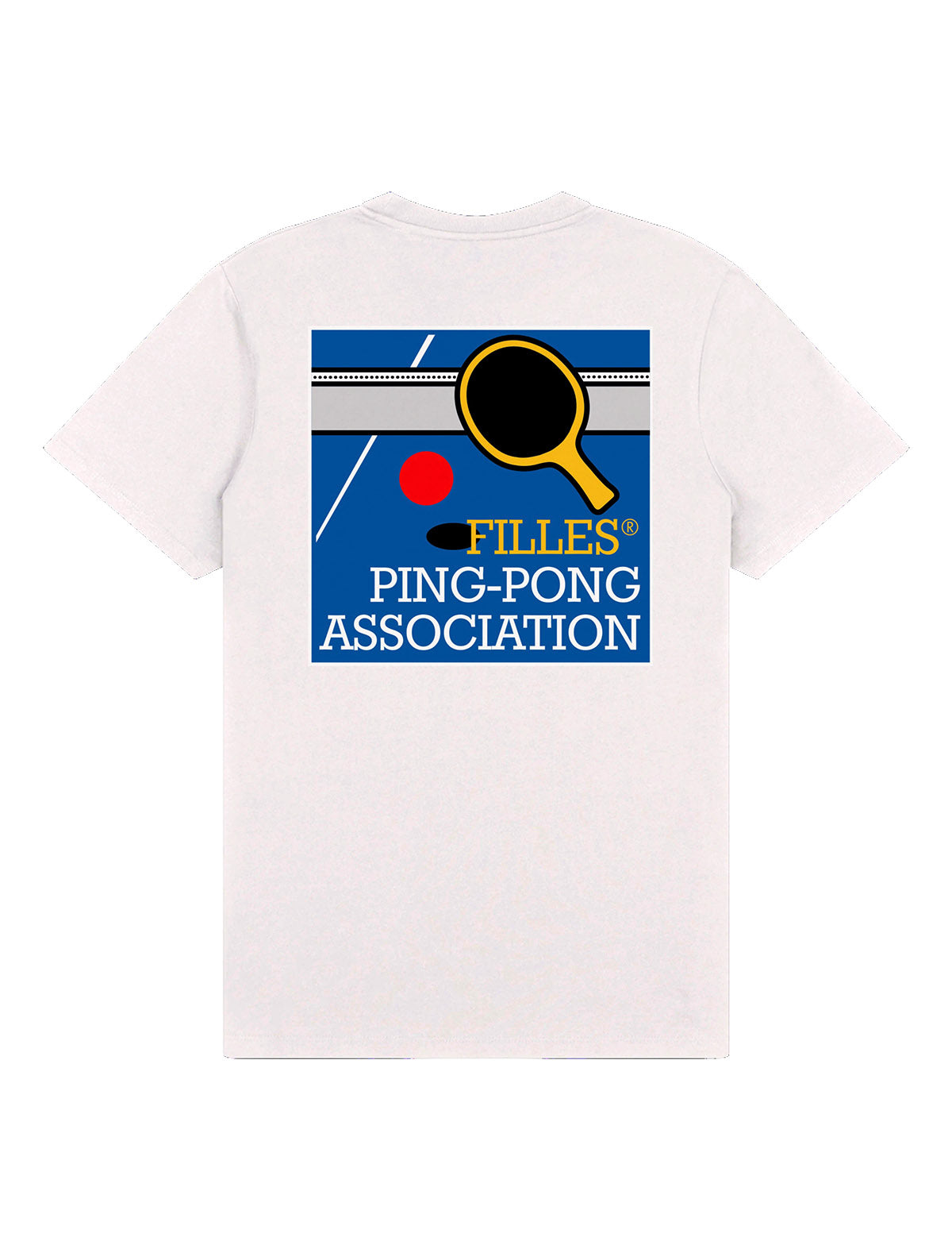 The back of the white Filles Ping Pong T-Shirt, featuring a large blue Filles Ping-Pong Association badge graphic with a paddle and ball illustration.