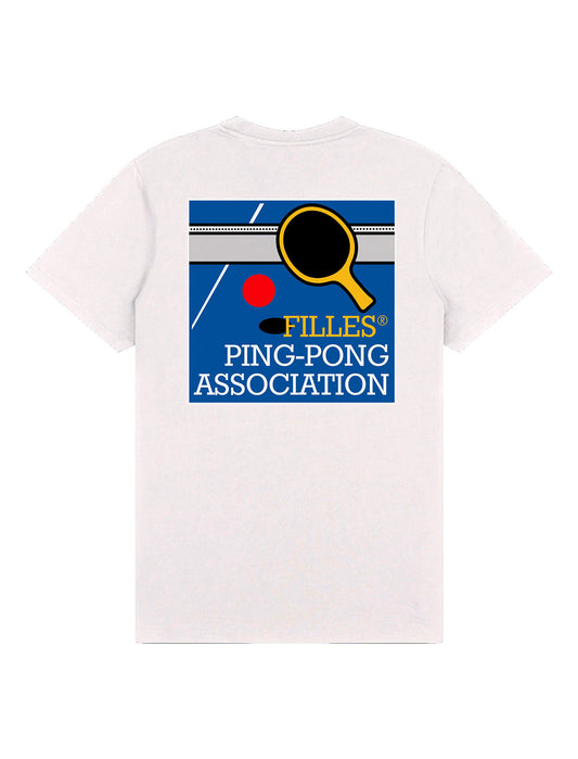 The back of the white Filles Ping Pong T-Shirt, featuring a large blue Filles Ping-Pong Association badge graphic with a paddle and ball illustration.