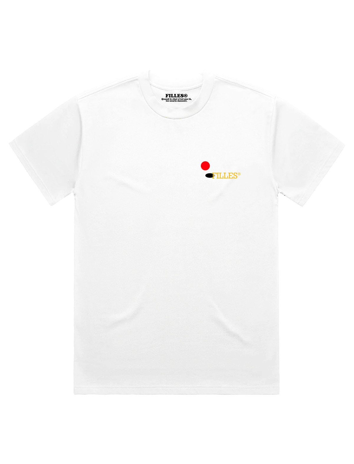 The front of the white Filles Ping Pong T-Shirt, featuring a small Filles logo with a paddle and ball icon on the left chest.