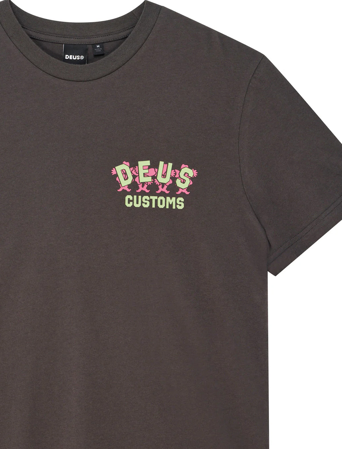 Dark gray t-shirt with 'DEUS Customs' logo on a white background