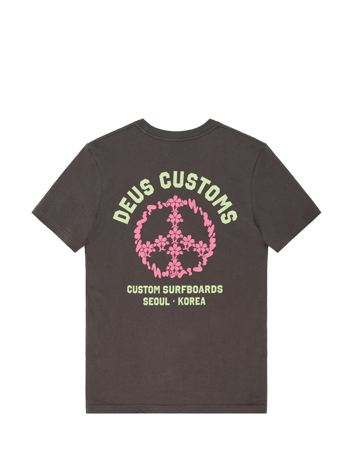 Dark gray t-shirt with 'Deus Customs' logo and text on a white background