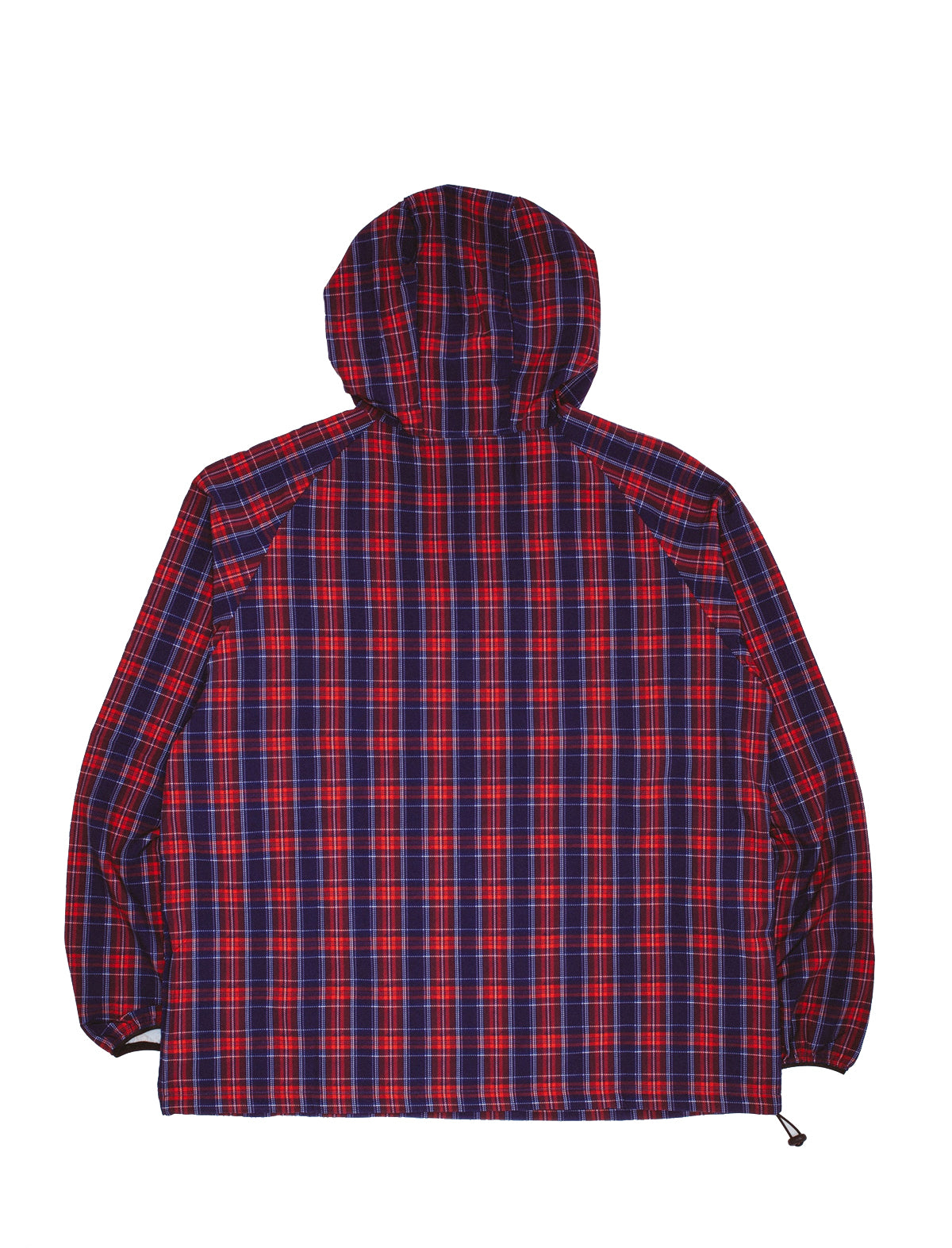 Red and blue plaid jacket with a hood on a white background Back