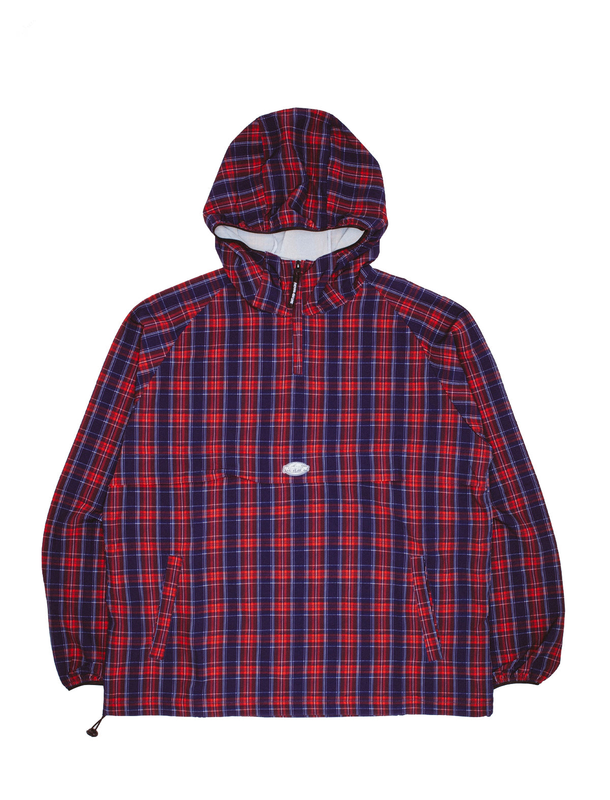 Red and blue plaid jacket with a hood on a white background