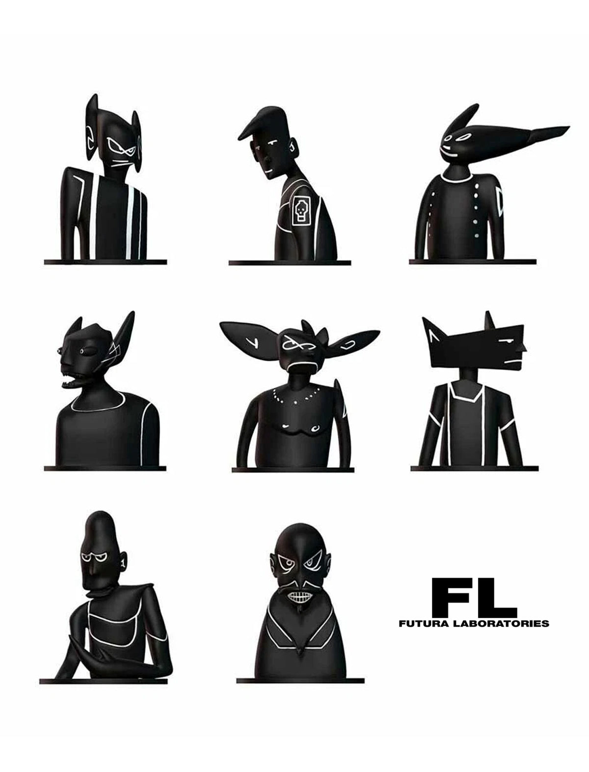 Black and white illustrations of Futura Pointman futuristic humanoid figures with 'Futura Laboratories' branding.