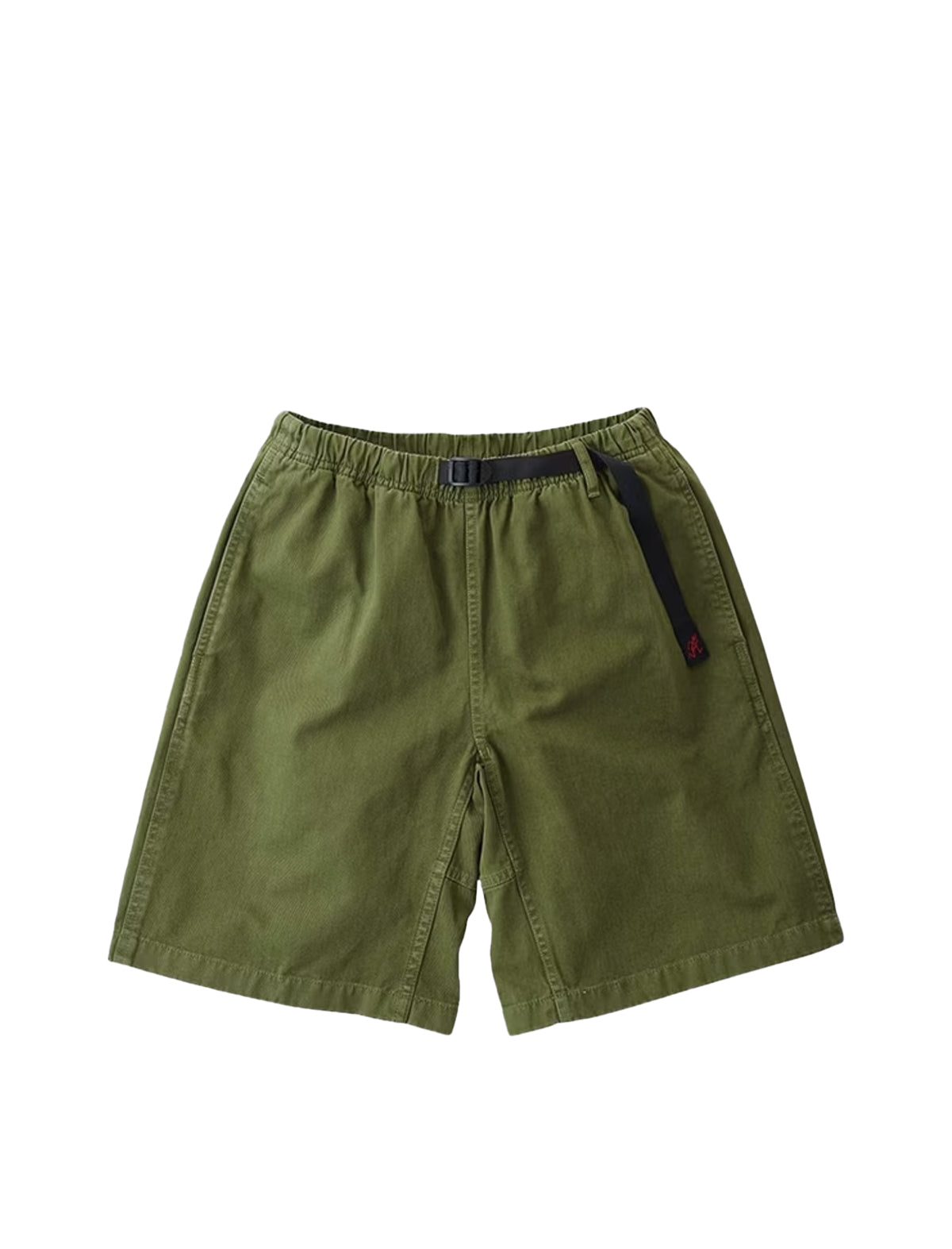 gramicci Green shorts with a black belt on a white background