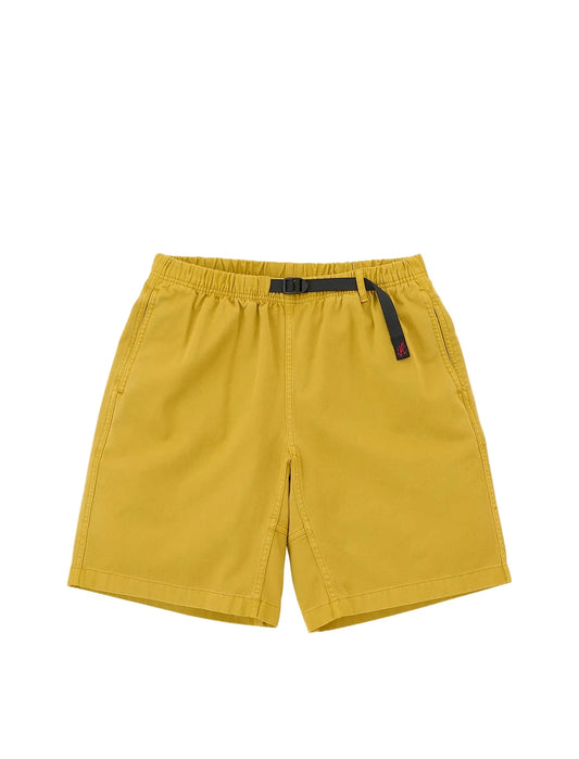gramicci g-short Yellow shorts with a black belt on a white background