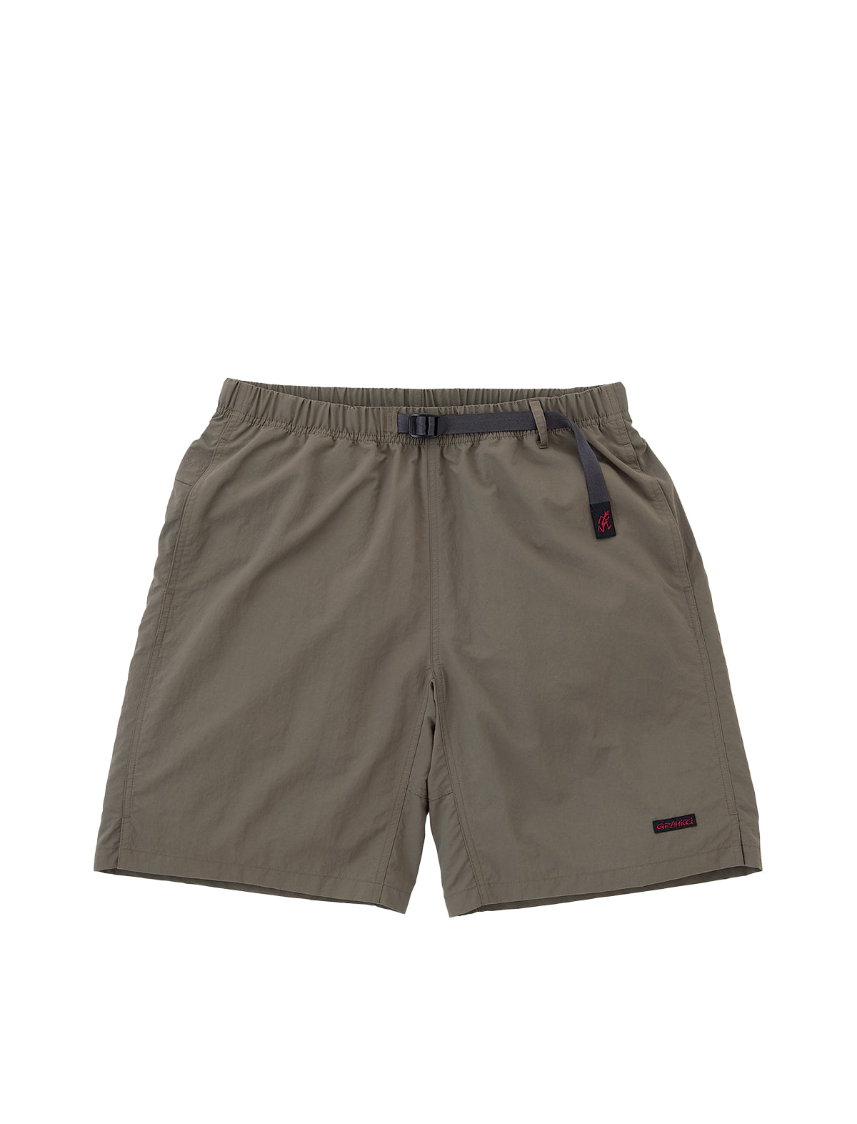 gramicci Khaki shorts with a belt on a white background