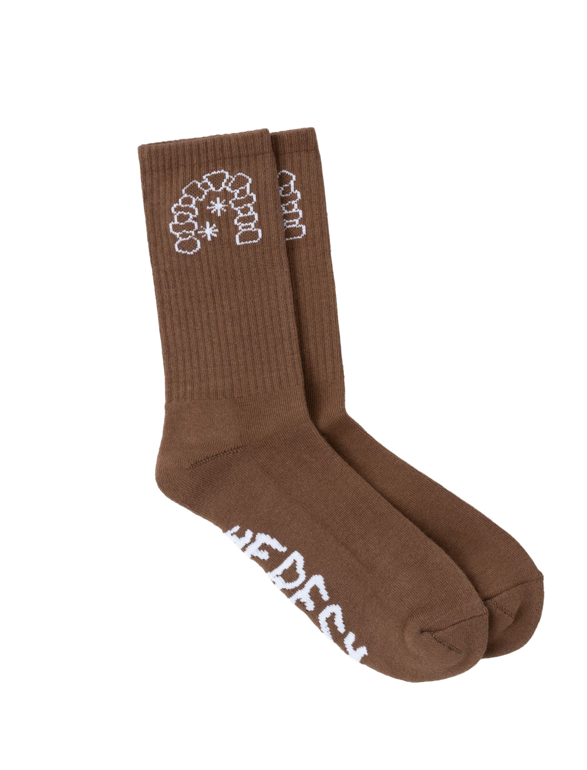 Heresy Arch Brown socks with white logo on a white background