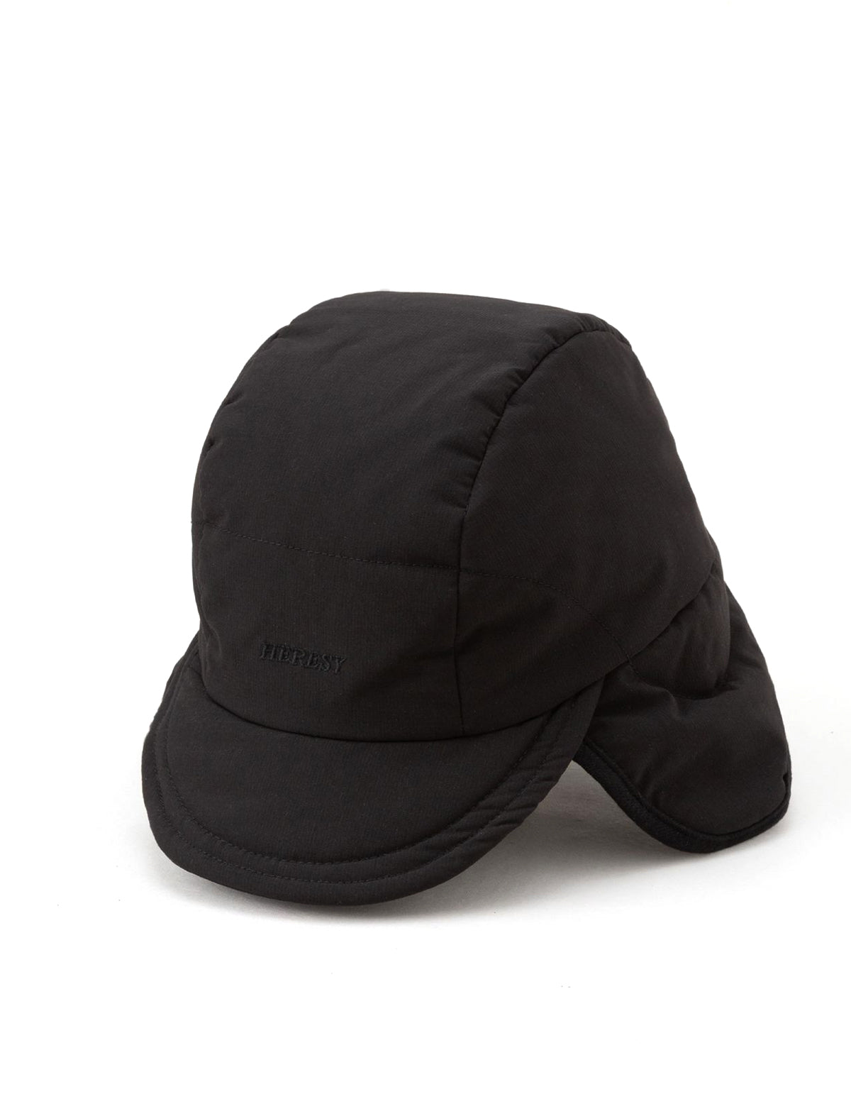 Heresy Mountain hat with a peak and earflaps on a white background