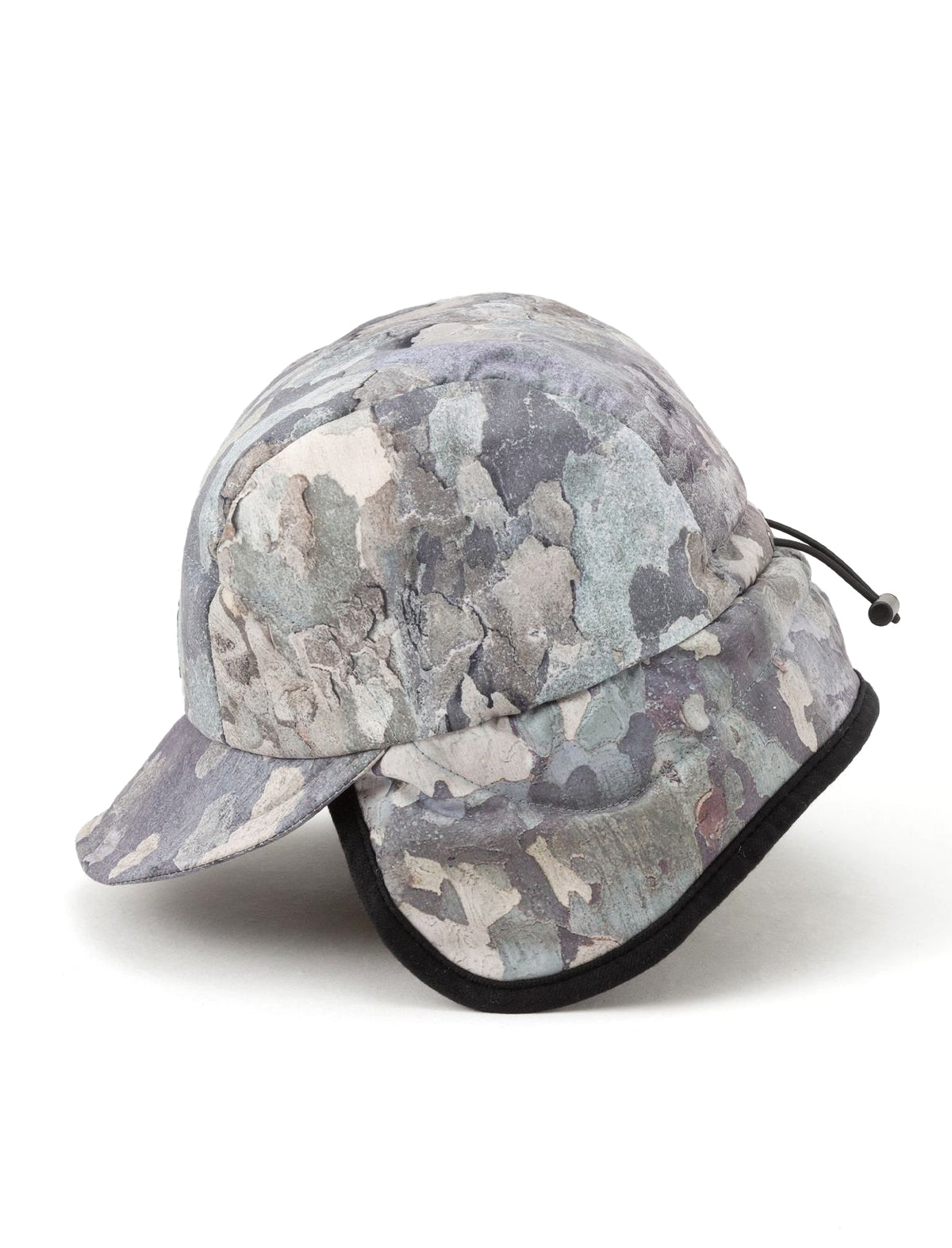 Heresy mountain Camouflage-patterned cap with chin strap on a white background