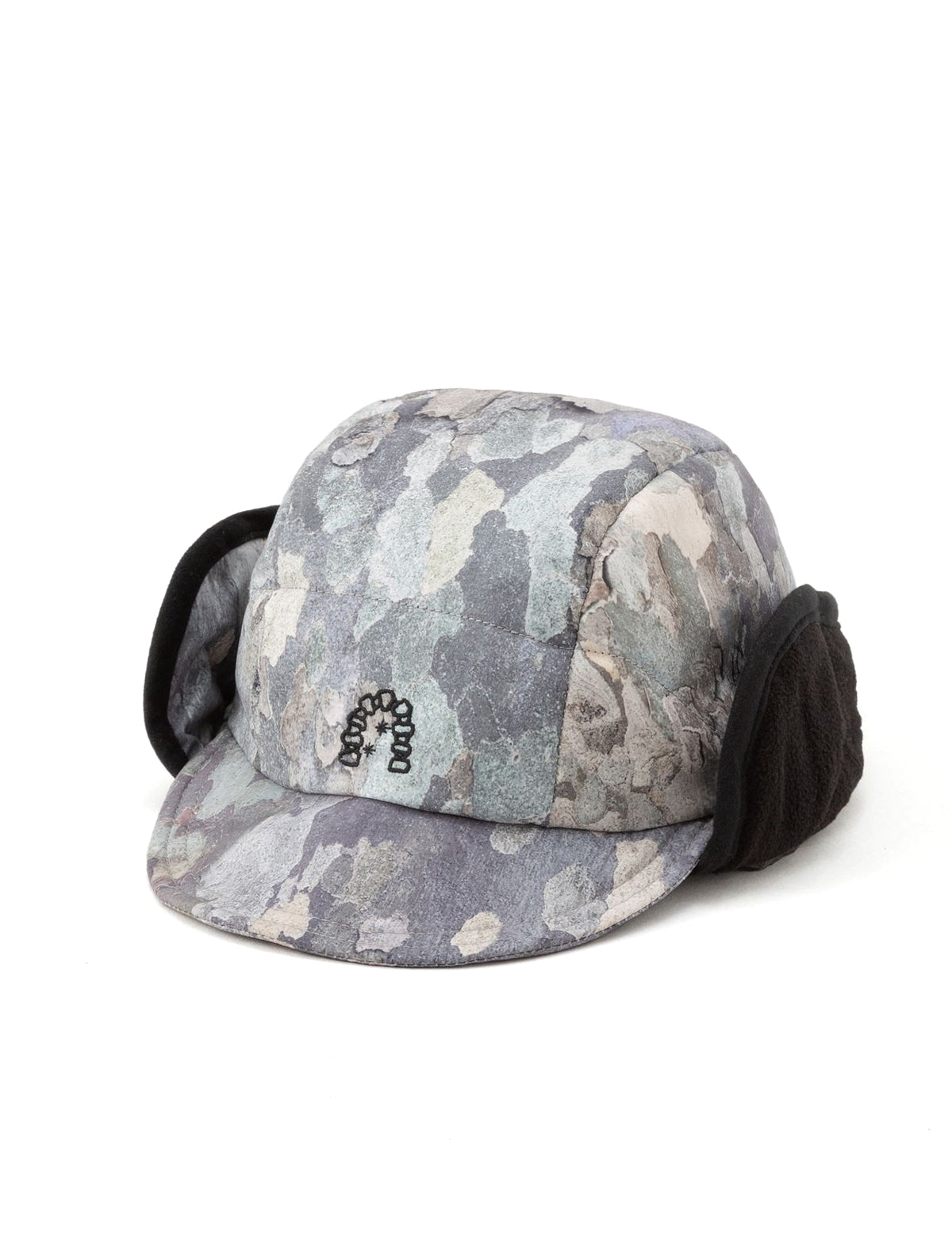 heresy Mountain Camouflage-patterned cap with ear flaps on a white background