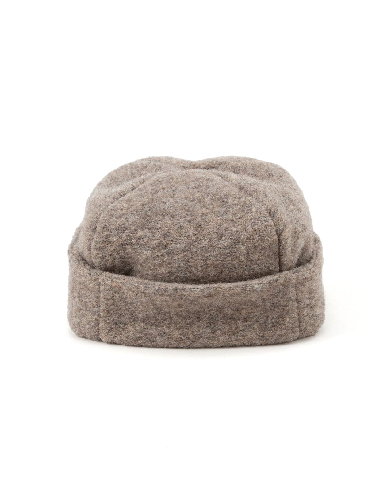 Brown knit beanie on a white background