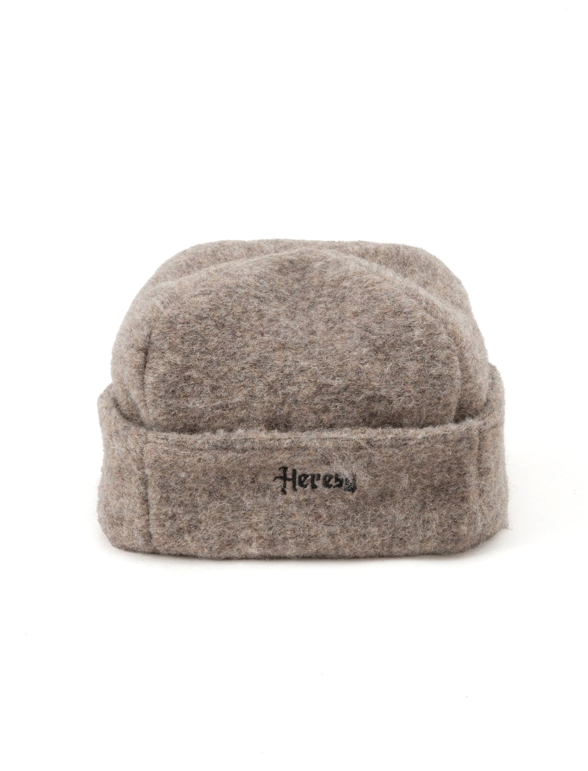 Gray beanie with 'Heresy' logo on a white background
