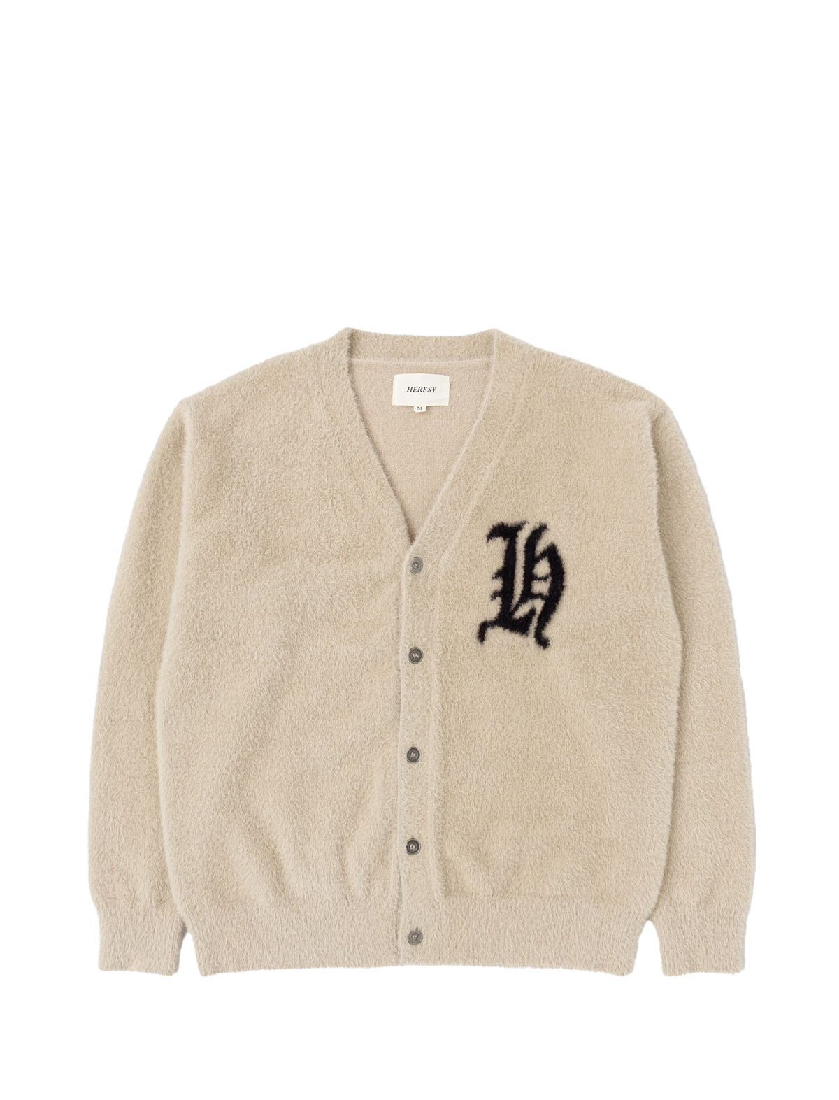 Heresy 'H' Beige cardigan with a black logo on a white background