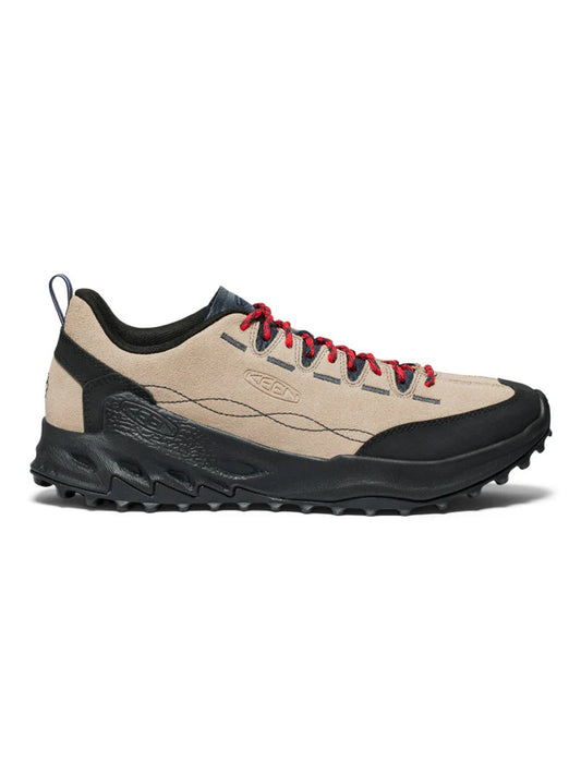 keen jasper zionic Beige and black hiking shoe with red laces on a white background