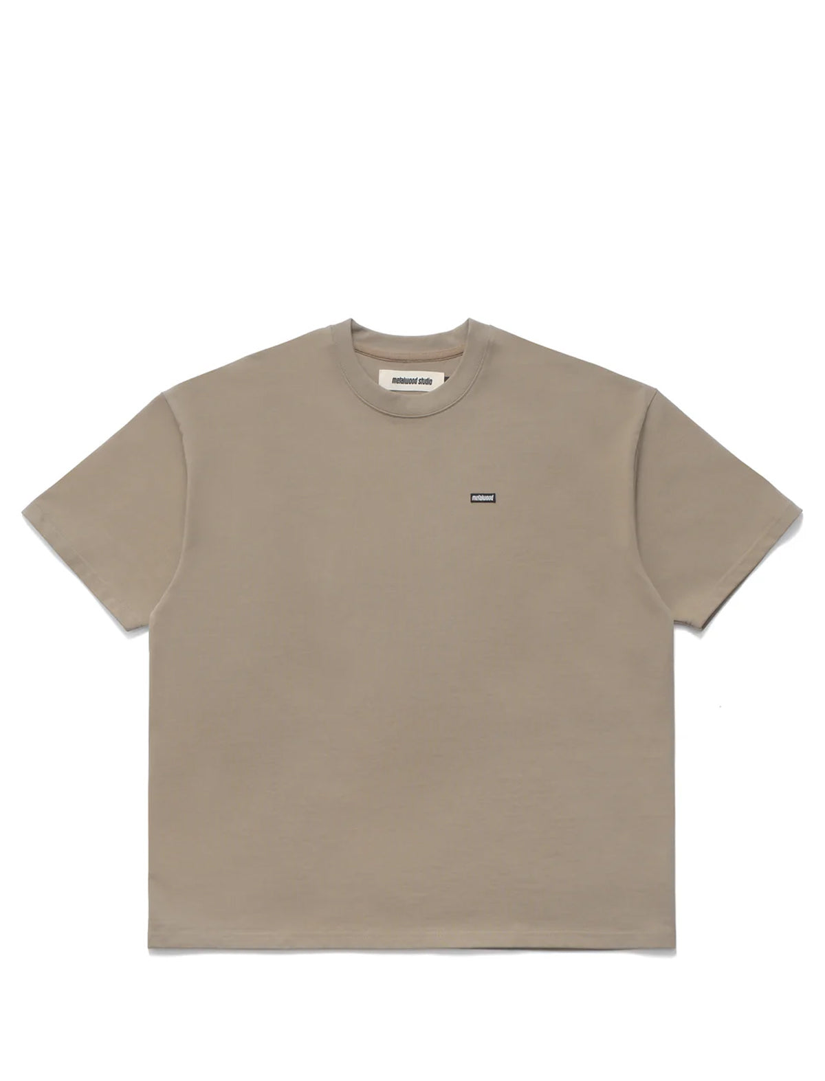 Metalwood Beige t-shirt with a small logo on a white background