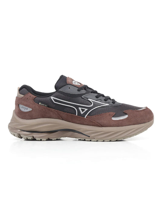 Brown and gray Mizuno athletic shoe on a white background