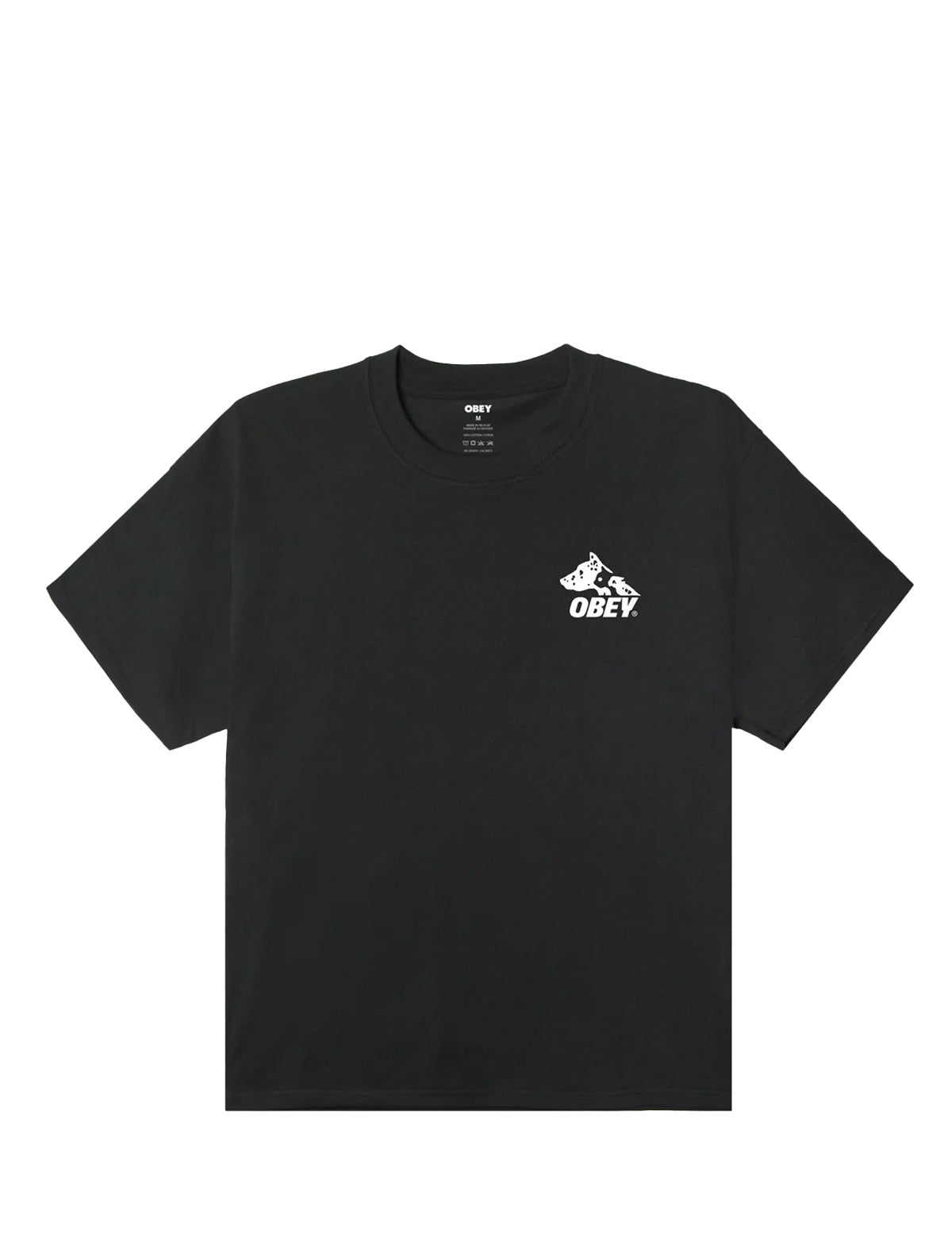 Black t-shirt with a white logo on a white background