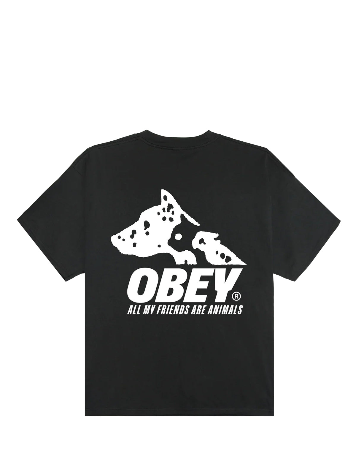 Black t-shirt with white graphic and 'OBEY' logo on a white background