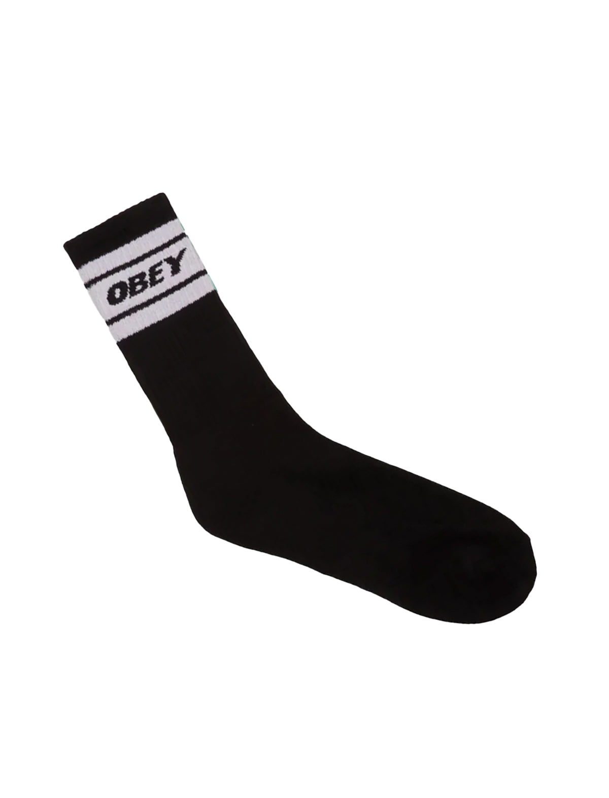 Black sock with white stripes and 'Obey' logo on a white background