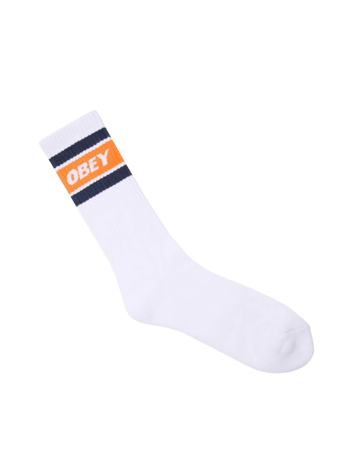 White Obey Cooper II socks with orange and black striped band featuring 'Obey' logo on a white background