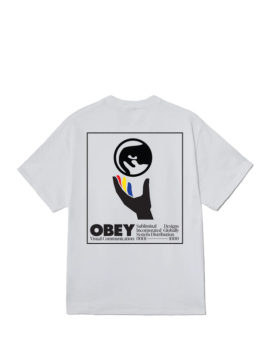 White t-shirt with black graphic design on a white background