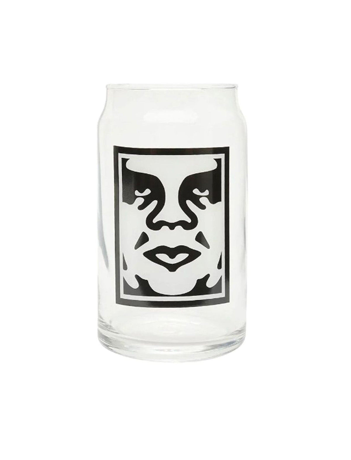 ObeyClear glass tumbler with a black and white face design on a white background