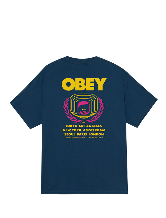 Obey Icon Eye Wreath Navy blue t-shirt with 'Obey' logo and text on a white background