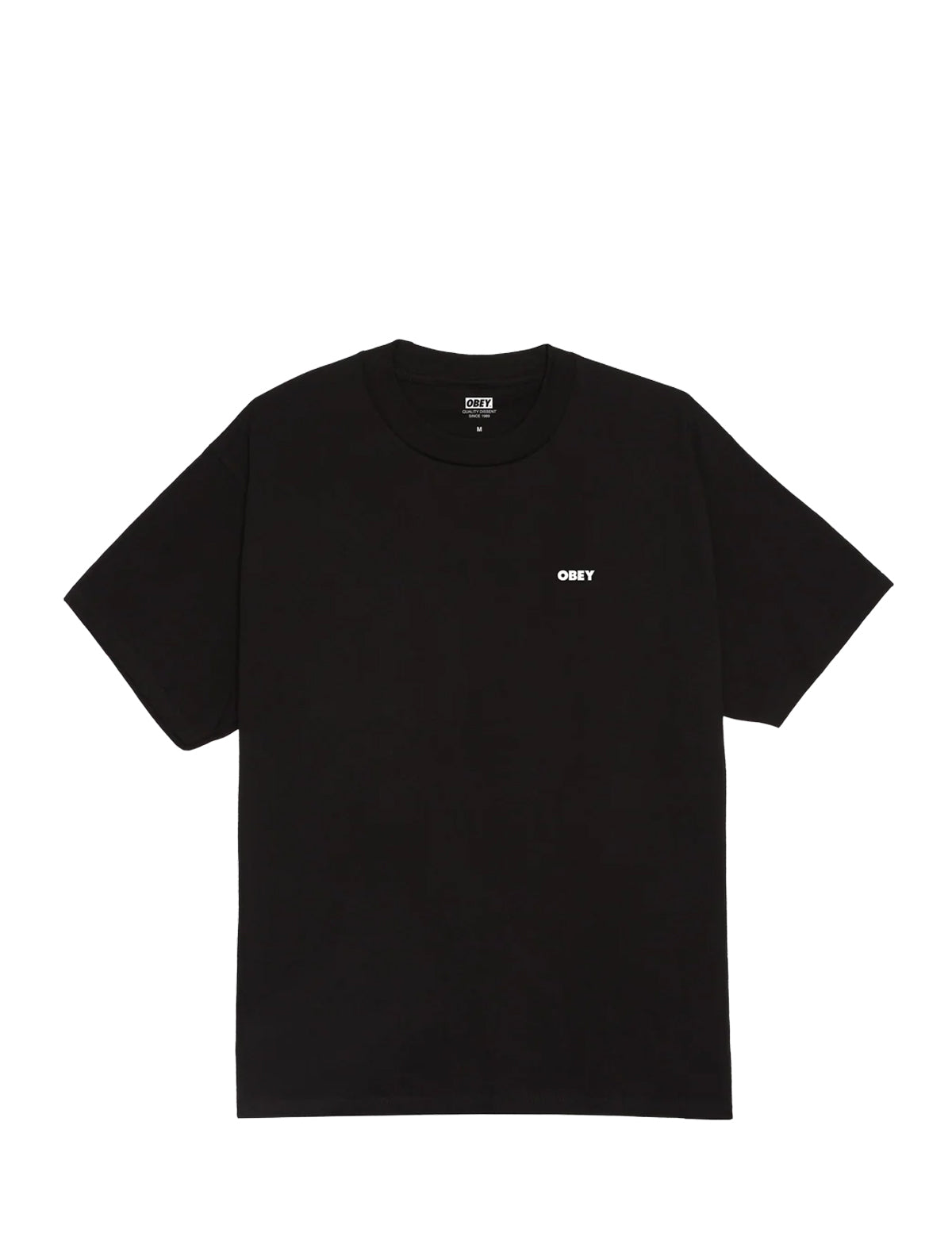 Black t-shirt with a small white Obey logo on a white background