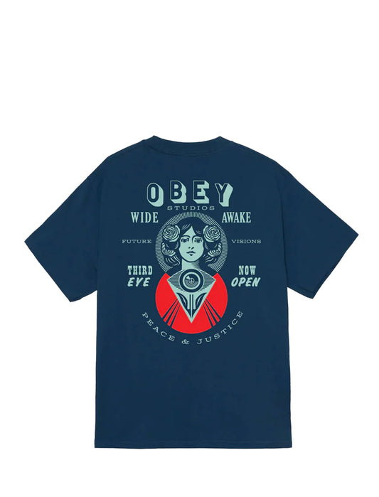 Navy blue t-shirt with graphic design and 'Obey' branding on a white background