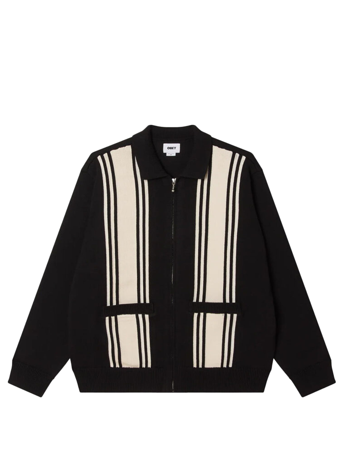 Black jacket with white stripe design on a white background