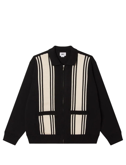 Black jacket with white stripe design on a white background