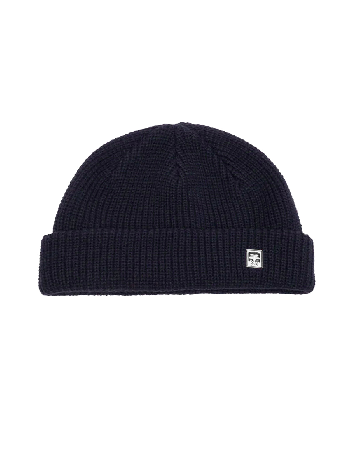 Obey Micro Navy beanie with a small logo on a white background